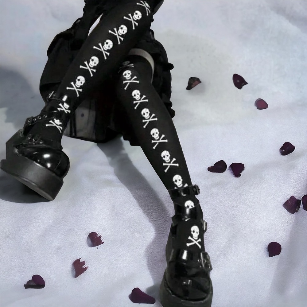 Skull Print Thigh High Socks, Cosplay Over The Knee‎ Socks
One Size